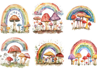 watercolour rainbow with mashroom clipart t shirt design for sale