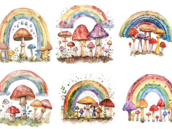 Watercolour rainbow with mashroom clipart t shirt design for sale