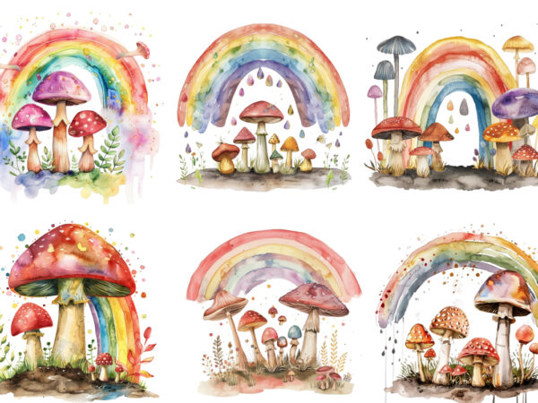 Watercolour rainbow with mashroom clipart t shirt design for sale