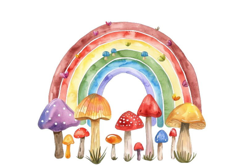 watercolour rainbow with mashroom clipart