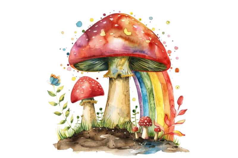 watercolour rainbow with mashroom clipart