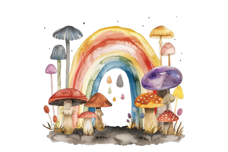 watercolour rainbow with mashroom clipart