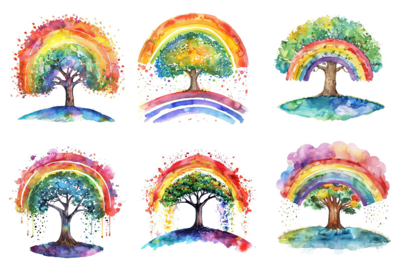 watercolour rainbow with tree clipart