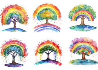 watercolour rainbow with tree clipart t shirt design for sale