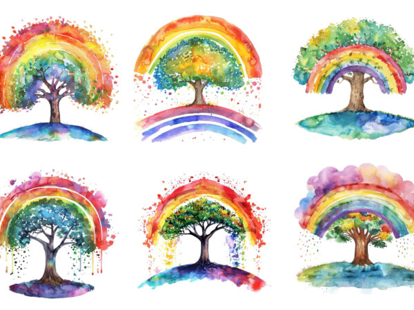 Watercolour rainbow with tree clipart t shirt design for sale