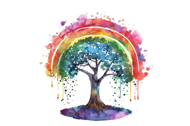 watercolour rainbow with tree clipart