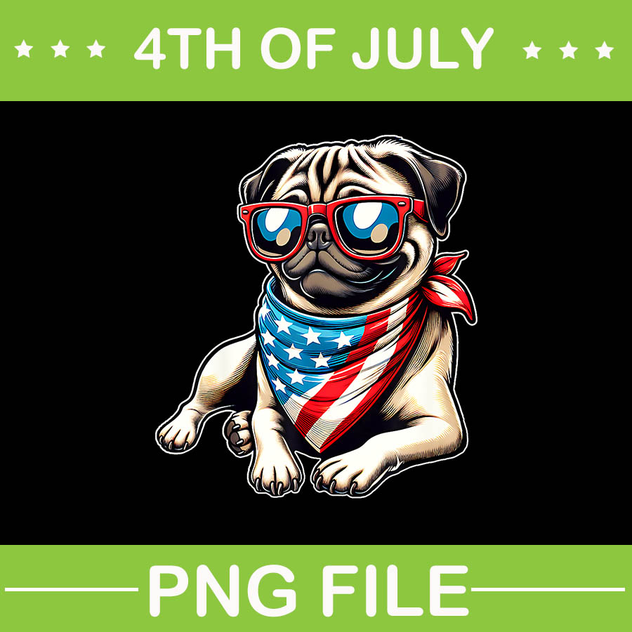 Pug with Bandana Sunglasses 4th of July PNG, Pug 4TH Of July PNG - Buy ...