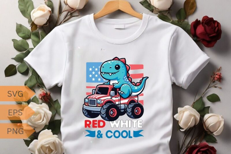 Dinosaur Monster Truck Dino 4th Of July Boys American Flag T-Shirt design vector, 4th, july, monster, truck, boys, flag, dinosaur