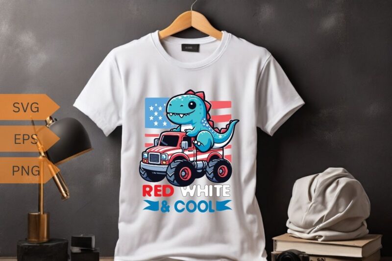 Dinosaur Monster Truck Dino 4th Of July Boys American Flag T-Shirt design vector, 4th, july, monster, truck, boys, flag, dinosaur