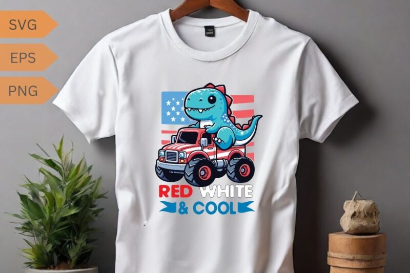 Dinosaur Monster Truck Dino 4th Of July Boys American Flag T-Shirt design vector, 4th, july, monster, truck, boys, flag, dinosaur