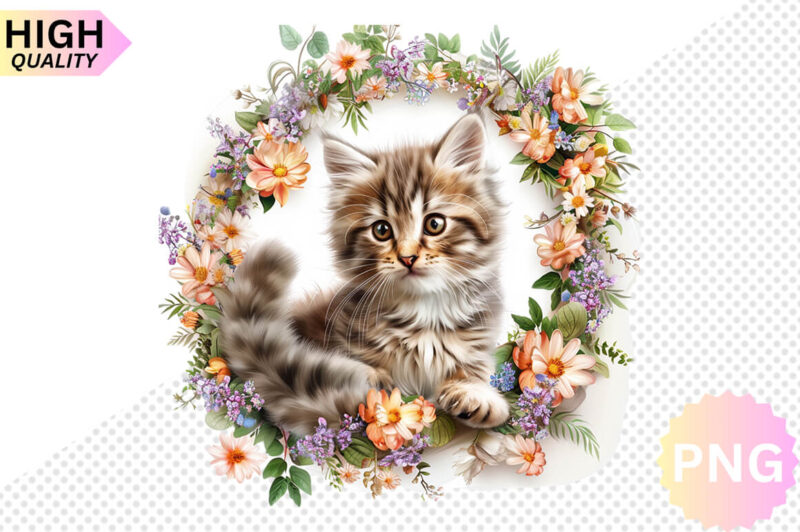 Cat And Flowers Sublimation Clipart bundle