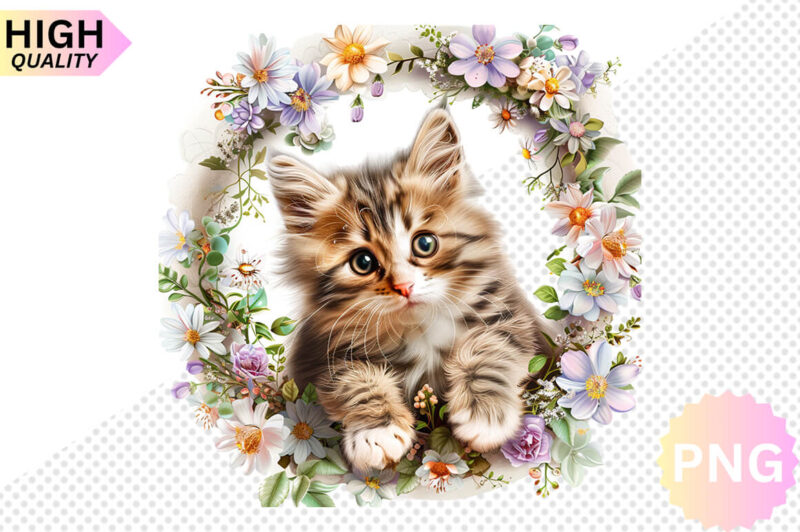 Cat And Flowers Sublimation Clipart bundle