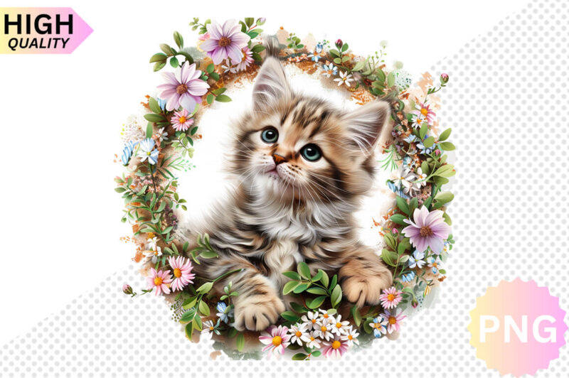 Cat And Flowers Sublimation Clipart bundle