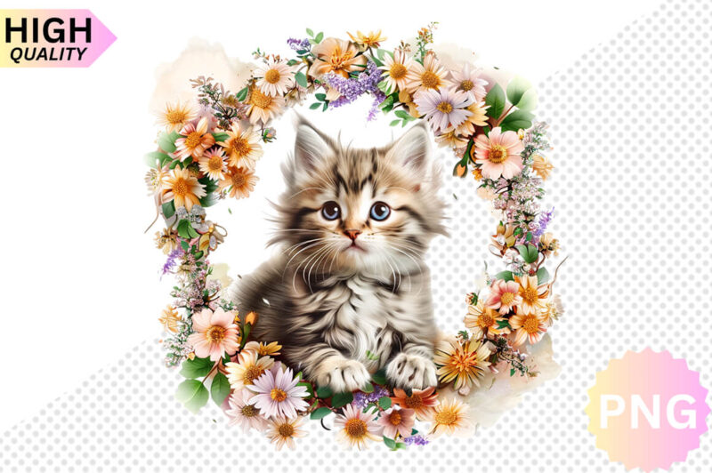 Cat And Flowers Sublimation Clipart bundle