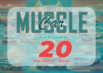 Mega t-shirt design bundle with 20 png designs – download instantly American Muscle Car T-shirt Illustration Clipart Bundle