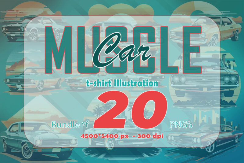 Mega t-shirt design bundle with 20 png designs – download instantly American Muscle Car Illustration T-shirt Clipart Bundle