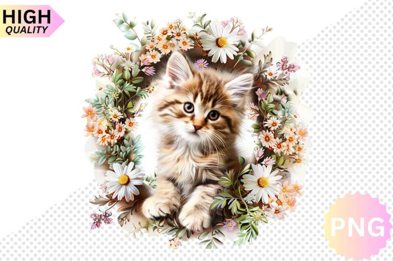 Cat And Flowers Sublimation Clipart bundle