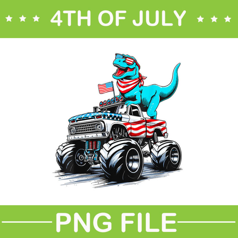 Dinosaur 4th Of July PNG, Dinosaur T-Rex Monster Truck PNG,