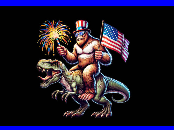 Bigfoot sasquatch riding dinosaur t rex png, dinosaur 4th of july png t shirt template