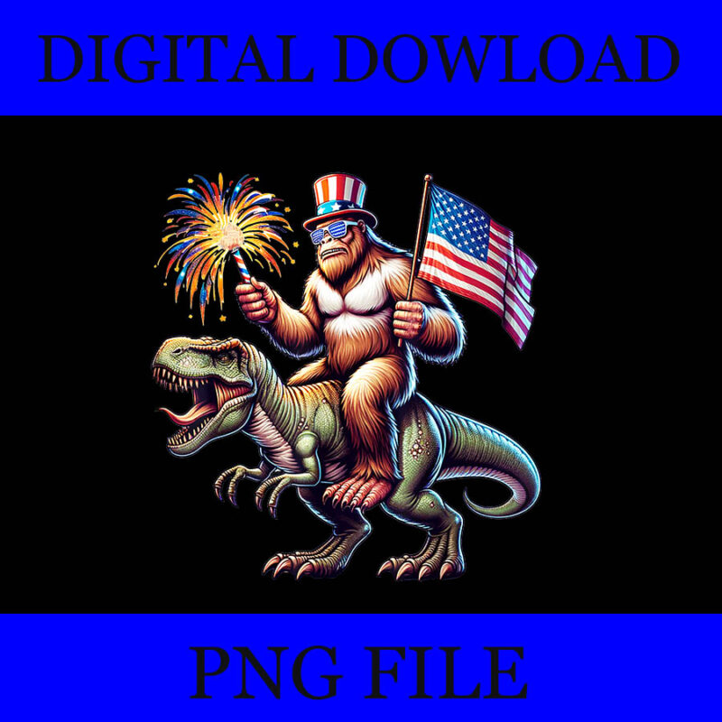 Bigfoot Sasquatch Riding Dinosaur T rex PNG, Dinosaur 4th Of July PNG