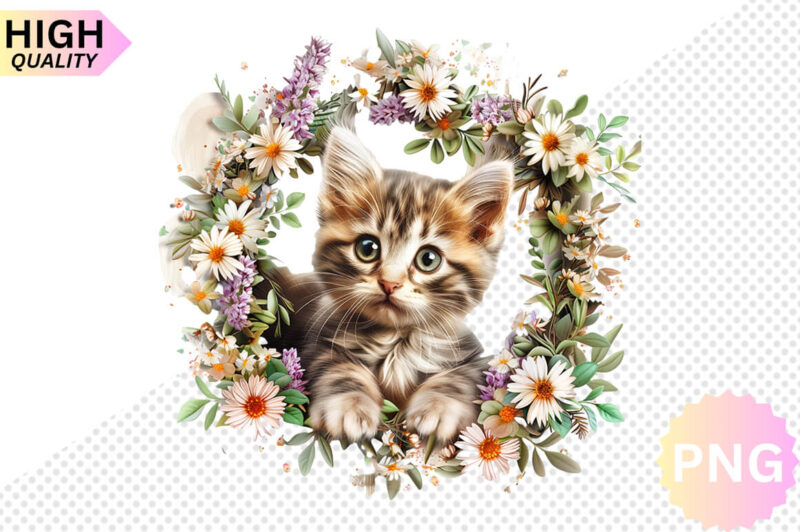 Cat And Flowers Sublimation Clipart bundle