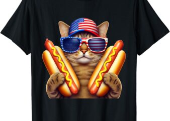 4th of July Hotdog Cat Funny Patriotic Cat USA Flag Wiener T-Shirt