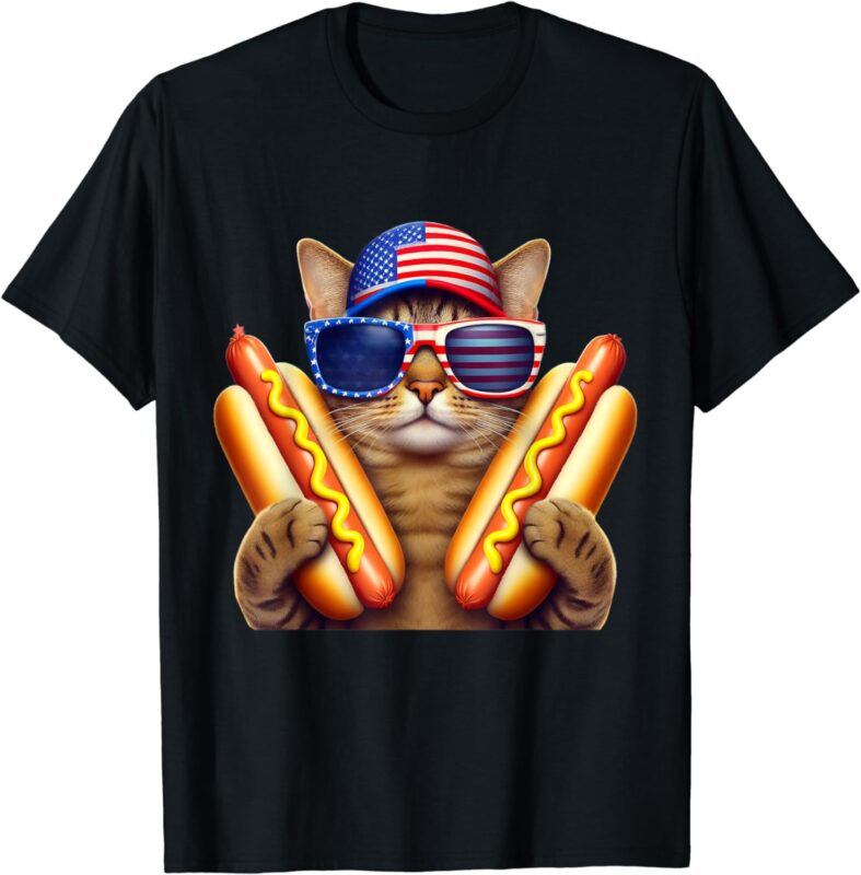 4th of July Hotdog Cat Funny Patriotic Cat USA Flag Wiener T-Shirt