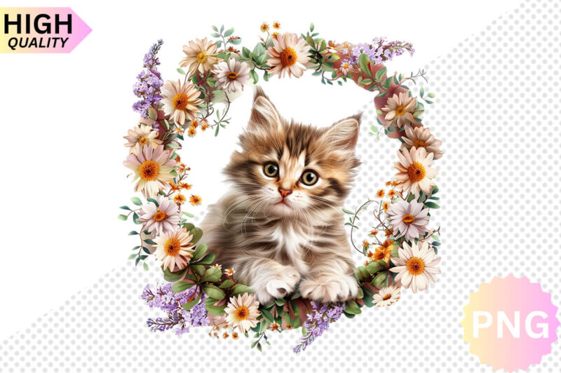 Cat And Flowers Sublimation Clipart bundle