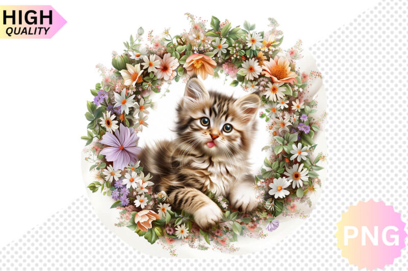 Cat And Flowers Sublimation Clipart bundle