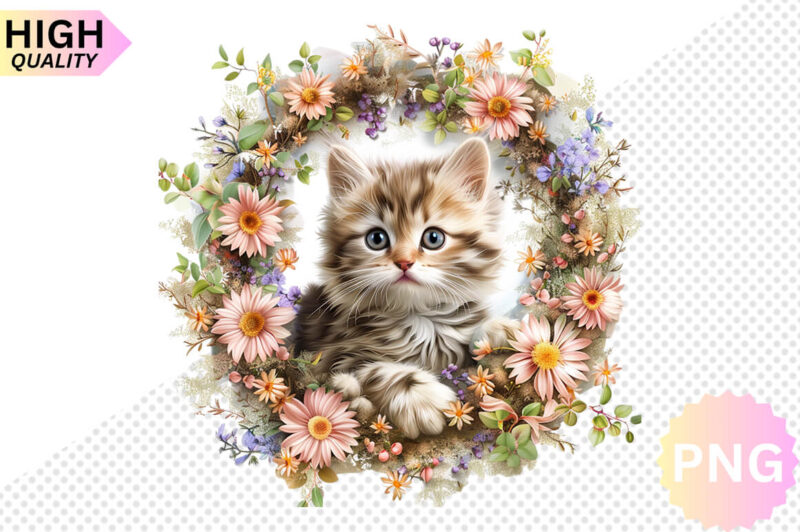 Cat And Flowers Sublimation Clipart bundle