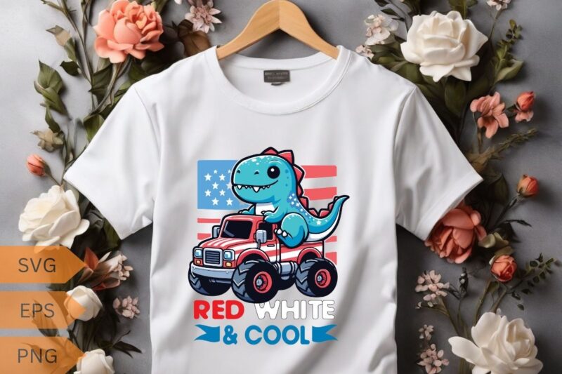 Dinosaur Monster Truck Dino 4th Of July Boys American Flag T-Shirt design vector, 4th, july, monster, truck, boys, flag, dinosaur