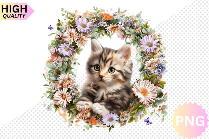 Cat And Flowers Sublimation Clipart bundle