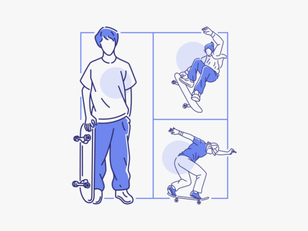 A boy skateboarding with his skateboard extreme sport simple vector illustration