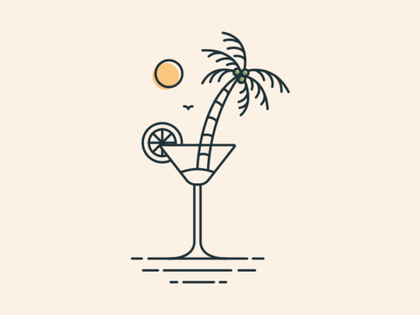 A glass of mocktail on a summer beach with coconut tree t shirt vector