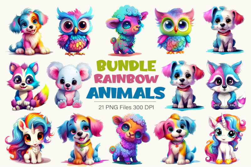 Bundle of rainbow animals. TShirt Sticker.