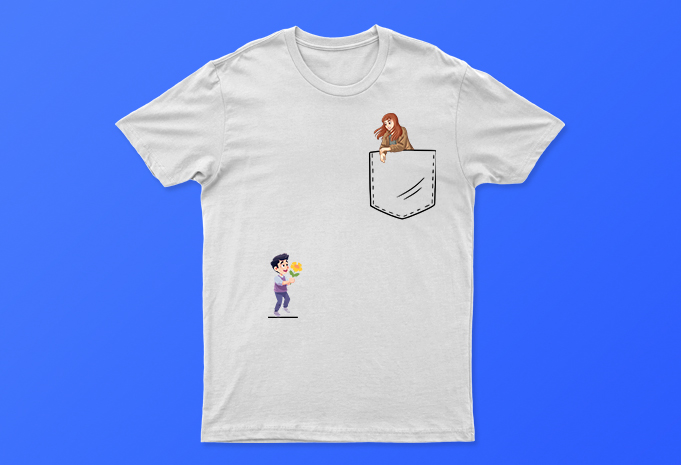 Boy Giving Flower To Girl | Creative Pocket Art T-Shirt Design For Sale | Very Easy To Use Design | All Files.