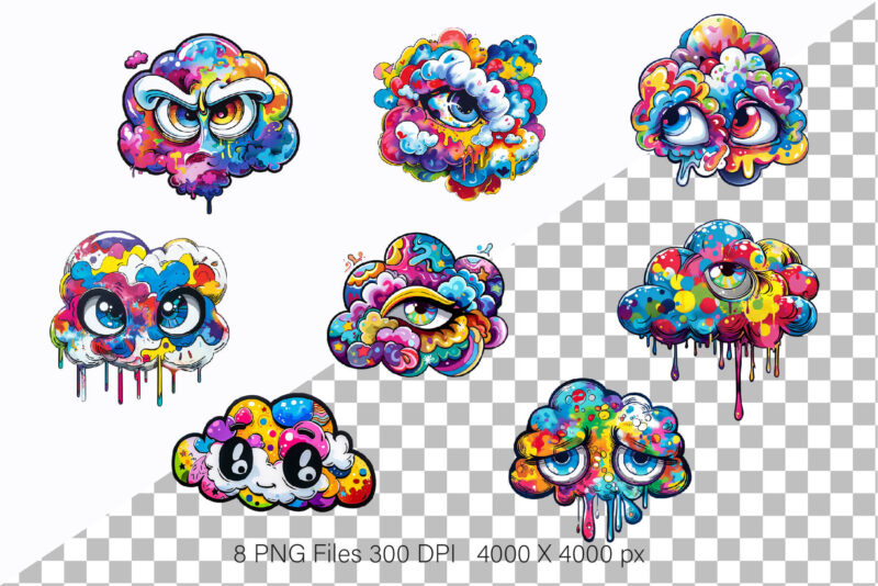 Cartoon clouds with emotions. PNG, Sticker.