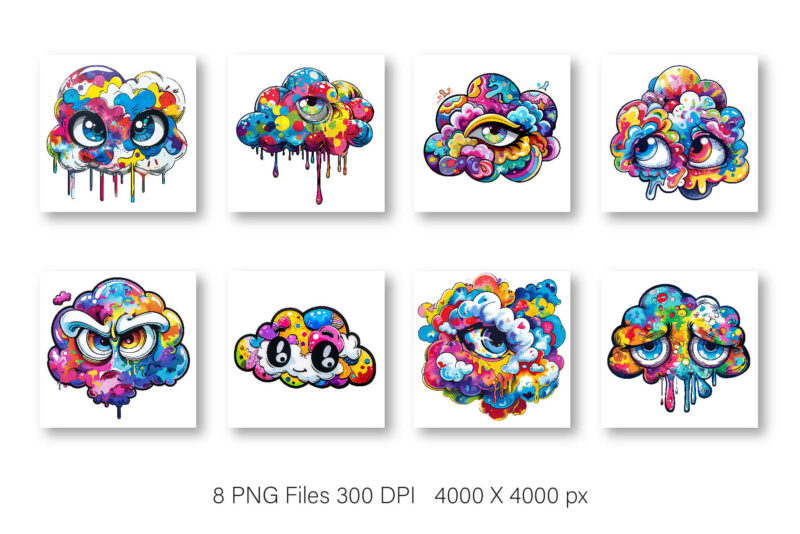 Cartoon clouds with emotions. PNG, Sticker.
