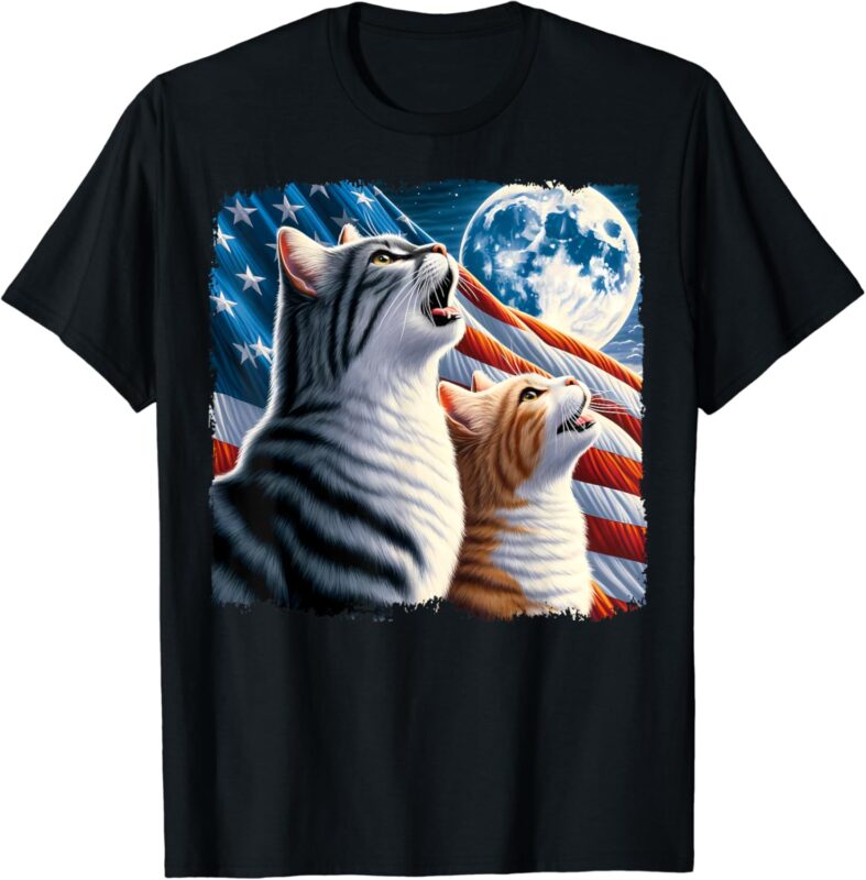 Cat 4th of July American Flag Howling Cats Under Blood Moon T-Shirt