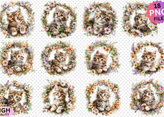 Cat And Flowers Sublimation Clipart bundle