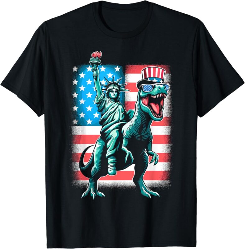 Dino Statue Of Liberty 4th Of July Boys American Flag T-Shirt