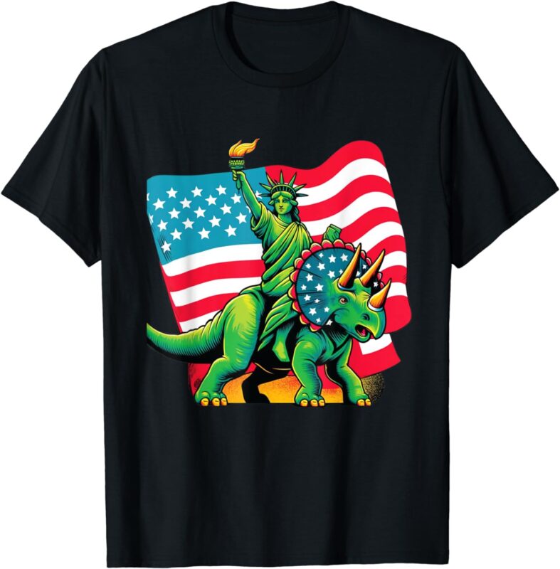 Dino Statue Of Liberty 4th Of July Shirt Boys American Flag T-Shirt