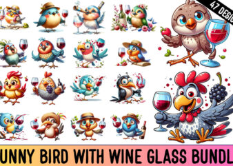 Funny bird with wine glass clipart bundle