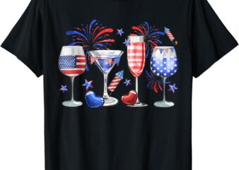 Funny Wine Glass Red White Blue Firework Happy 4th Of July T-Shirt