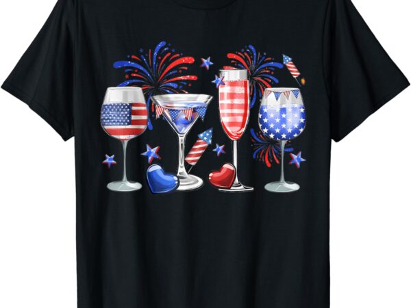 Funny wine glass red white blue firework happy 4th of july t-shirt