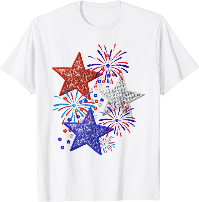Girl 4th of July Women Red White Blue Star American Firework T-Shirt