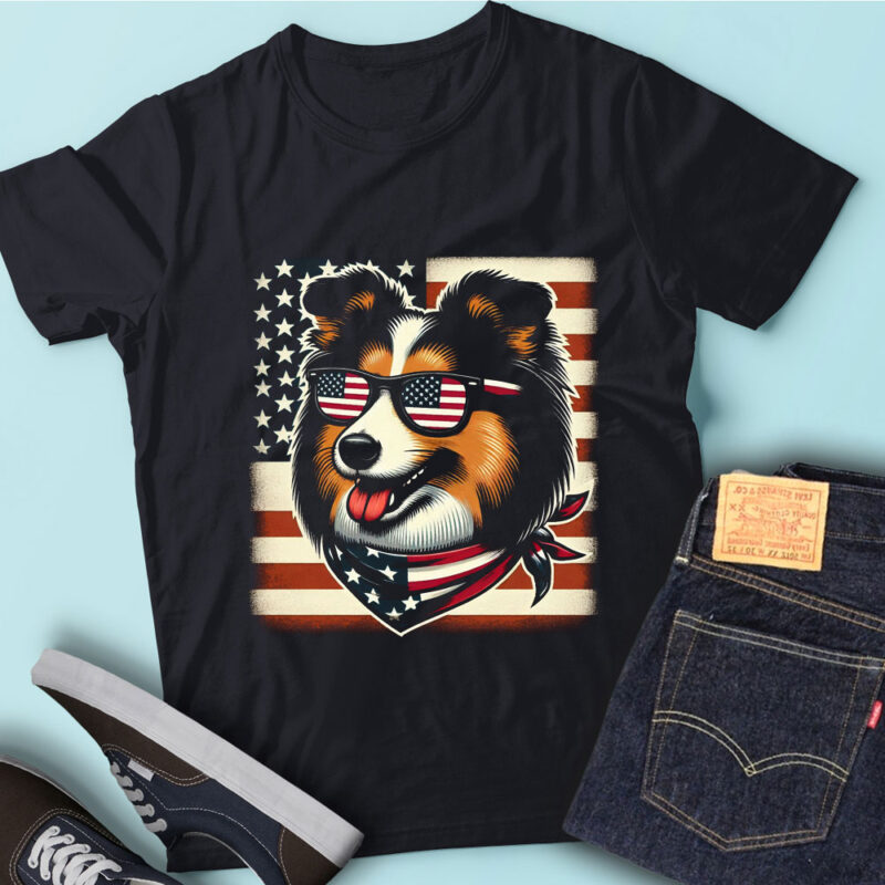 LT121 Shetland Sheepdogs Dogs With USA Flag Patriotic Dog