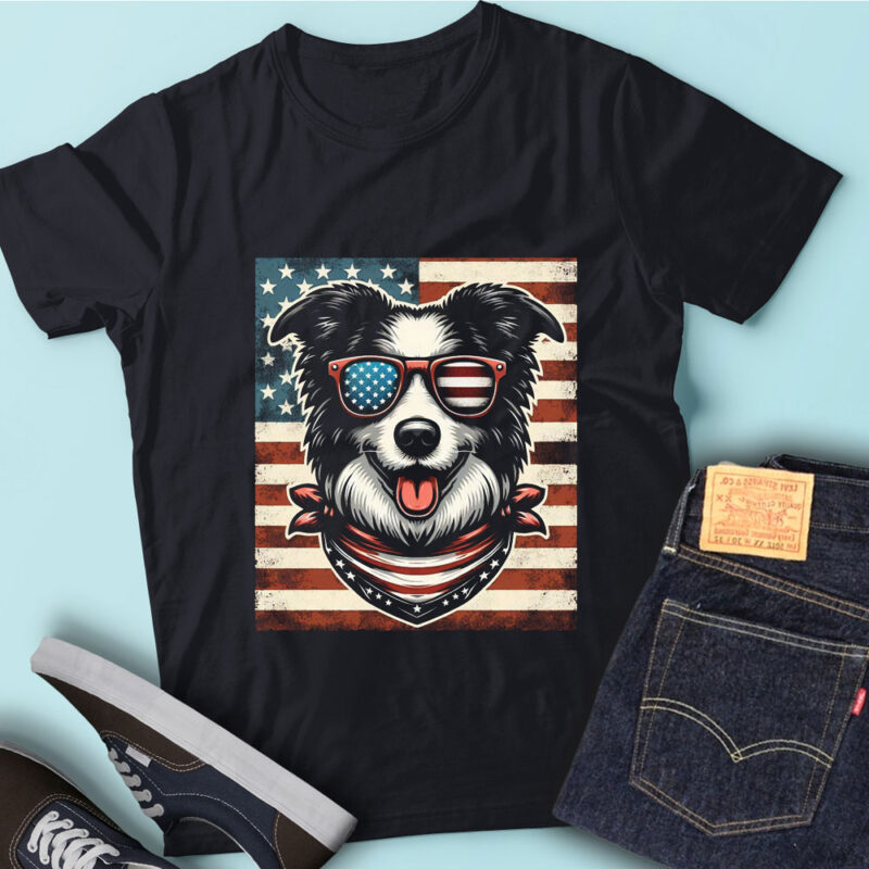 LT124 Funny Border Collie Dog With USA Flag 4th Of July