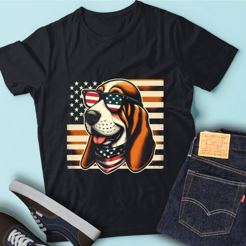 LT130 Basset Hound Dog T Shirt Gift USA Flag Cute Pet Lover