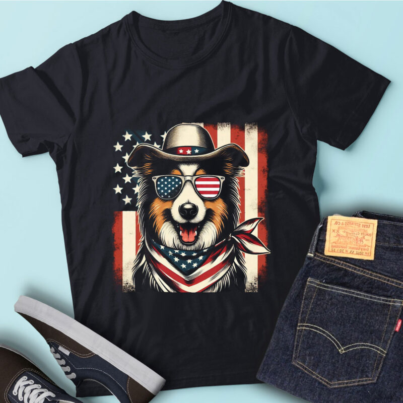 LT133 Collie Dog With USA Flag Funny Sheltie Dog 4th Of July